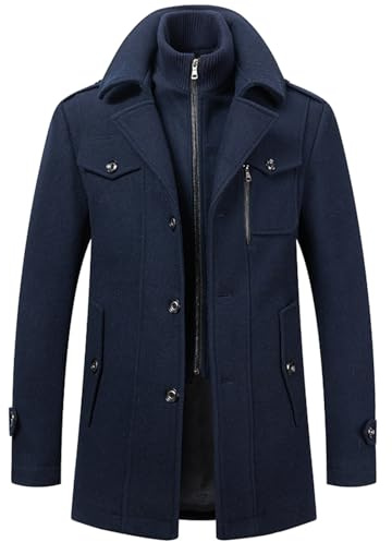 Manteaux Homme Manteau D'hiver Pour Hommes Avec à Col Montant et Veste Doudoune Longue Slim Pour Double col Convertible et loisirs Manteau en laine Intérieure Chaude Décontracté Intégrée (02-Navy, L)