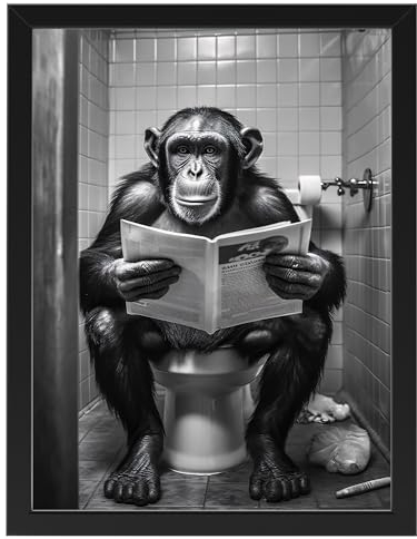 Deqosy Affe auf WC, Poster 30cm x 40cm mit Rahmen, Toilette Badezimmer Deko, Wand-Deko Bilder Lustiges Geschenk