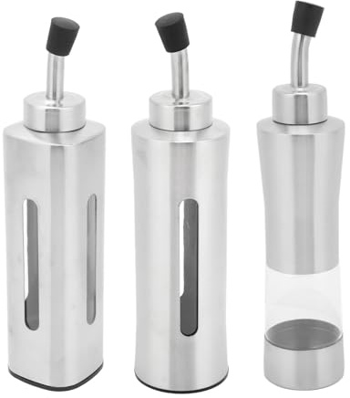 HOHXFYP 3 Teilige Ölspenderflasche, 304 Edelstahl Olivenölspender mit Ausguss, Transparenter Essigbehälter, Menage, Sojasauce, Menage für Zuhause, Restaurant(M-Silber)