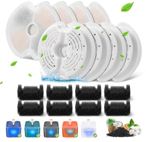 Filtre Fontaine Eau Chat, 8 pièces de Filtre de Rechange pour Fontaine pour chat 67oz/2L avec éclairage nocturne LED, 8 Filtres avec Charbon Actif & 8 Filtres en Mousse pour 2L Fontaine Chat Chien