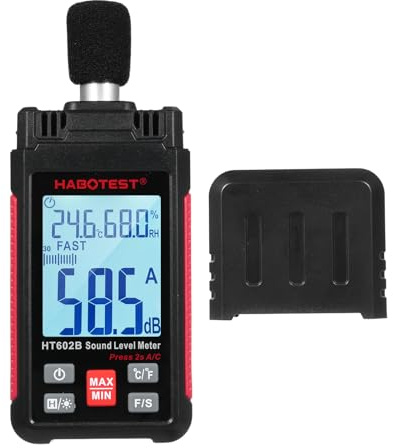 Jemora HT602B Misuratore di decibel Fonometro digitale Misuratore SPL portatile 30-130dB Rumoremetro con misurazione dell'umidità della temperatura MAX/MIN Mantenimento dati Schermo LCD