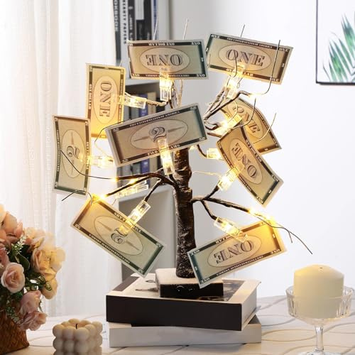 Rossesay Money Gift Cards Tree 1.5 ft Present Card Holder 24 LED Lighted Birch Tree with 12 Clear Clips for Spring Wedding Graduation Home Memorial Day Birthday Party Photo Memo