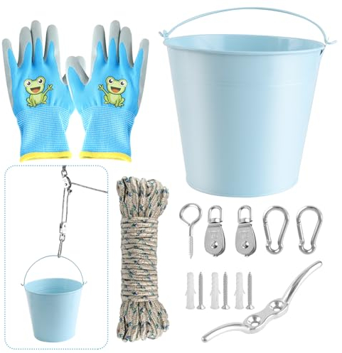 Necdeol Flaschenzug Kinder, Flaschenzug mit Metalleimer, Perfekte Zubehör fürs Baumhaus Spielturm und den Kletterrahmen, Kinder-Riemenscheibensystem, Gartenspielzeug für für Kinder ab 3 Jahren(Blau)