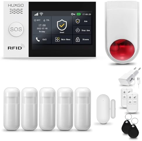 HUXGO® HXA007 Alarmanlage Haus WiFi + GSM mit Funk Sirene | Tuya Smartlife App | Alarm System mit Fenstersensor, 5X Bewegungssensor | Alarmanlage Wohnung, Garage | Smart Home