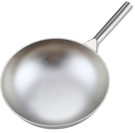 Wok in Titanio Puro, Padella Antiaderente Non Rivestita Padella per Uso Domestico Pentola in Titanio con Fondo Tondo Fornello a Gas Regalo 32 (38 cm)