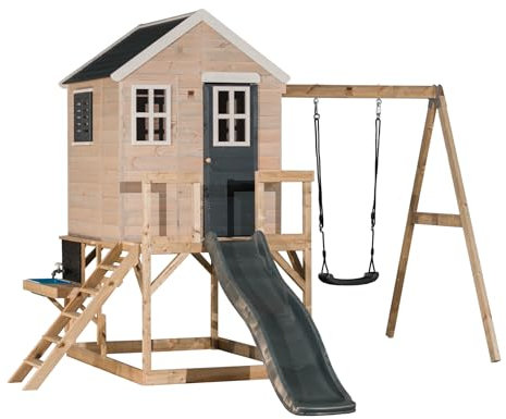 Wendi Toys M24G-K Outdoor-Spielhaus Kinder mit Rutsche, Schaukel & Matschküche, 330 x 350 x 242 cm, Grau, FSC Holz – Stelzenhaus Kinder Garten mit Klettergerüst & Outdoor-Küche
