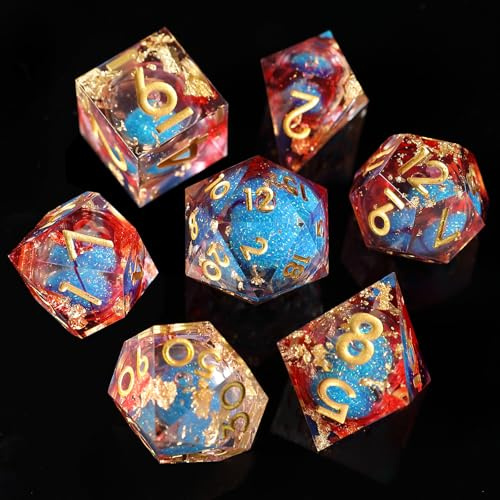 Elifel Sats med D&D-tärningar, 7 st., med flytande kärna av rörlig sand, i harts, vassa kanter, för Dungeons and Dragons, rollspelstärningar, D20, D12, D10, D8, D6 och D4, handgjorda, för rollspel