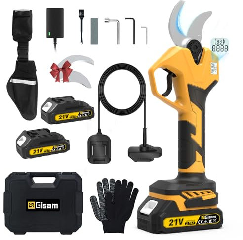 Tijeras de Podar Electricas, Gisam Profesional 60MM Tijeras Eléctricas Podadora Electrica a Bateria con 2 x Baterías Recargables & LED Pantalla, Soporta El Ajuste de Apertura (1-Con 2x2Ah Batería)