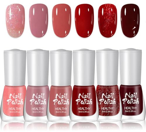 DMQ Red Nail Varnish Sets, 6Pcs Poinsettia Dark Red Burgundy Red Pink Glitter Nail Polish Kit - Non-Toxic Water Based Holographic Nail Gel - Nail Paint Nail Art Manicure Kit Gifts for Women