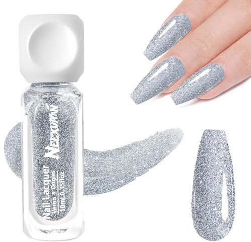 NEEXUAAN Nail Polish Quick Dry Nail Polish Silver Glitter Nail Varnish Chip Resistant Streak Free Long Lasting Brightening Nail Varnish for Girls Women,0.35 fl oz