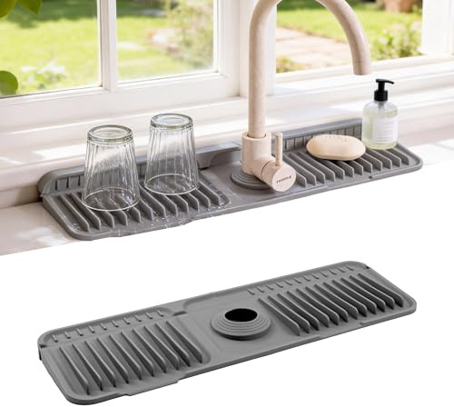 ZJWZLG Faucet Mat for Kitchen Sink, 17.7X5.5 Silicone Sink Splash Guard with Soap Holder, Snap-On Design & 7°slope Fast Drain, Folding Sink Faucet Mat for Universal Kitchen Bathroom Sink（Grey）