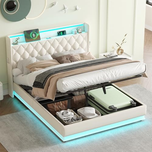 Jtyca 4ft6 Double Bed with Storage, Upholstered Ottoman Bed with Hydraulic and Headboard, Gas Lift Bed with LED & USB & Type-C Charging, 135x190cm, Linen, Beige, (No Mattress)