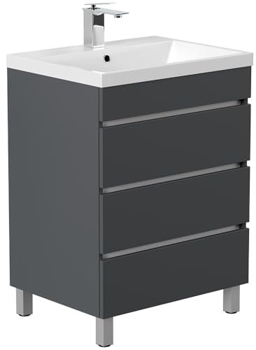 Lomadox Waschtisch 60 cm grau stehend mit 3 Schubladen