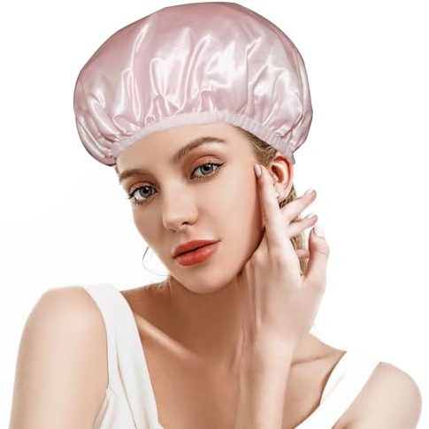 3-Lagige Wiederverwendbar Duschhaube,Extra-große wasserdichte Duschhaube für Damen, Große Duschhaube, Wasserdichte Badehaube, Haarhaube für Langes, Waschbare Badehaube (Rosa)