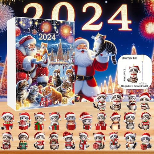 Calendrier de compte à rebours 24 jours avec pendentif chat mignon de Noël 2024 dessin animé multifonction décoration de vacances collection 24 jours cadeau pour F