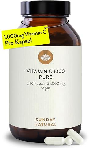 SUNDAY NATURAL® Reines Vitamin C - 240 Kapseln - Hochdosiert mit 1000mg pro Kapsel – Ascorbinsäure mit hoher Reinheit – Vegan, laborgeprüft in Deutschland