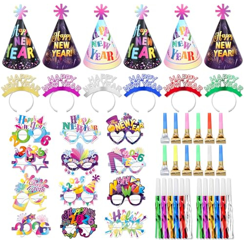 HOWAF Silvester Deko 2026 Bunt, Silvester Partyhüte Hüte, Happy New Year Haarreif, Brille, Tröten für Foto Requisiten Neujahr Accessoires, Happy New Year Deko 2026