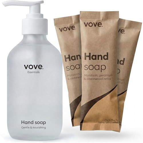 Vove Handseifen-Starterset, helle Glasflasche + 3 Nachfüller | Mandarine, Geranie und Zedernholz, Pulver-zu-Gel mit Aloe Vera und Kaktusextrakt, pflanzlich, plastikfrei