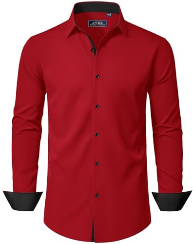J.VER Men's Dress Shirts Long Sleeve Slim Fit Business Casual Stretch Non Iron Wedding Formal Fashion Red Shirt M