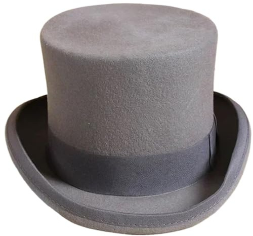 VMDVBNA Cylinderhatt platt herrcylinderhatt av ull, mångsidig trollkarlkeps, gentlemanhatt med cylinderremmar, elegant karneval (grå, 56–58 cm)