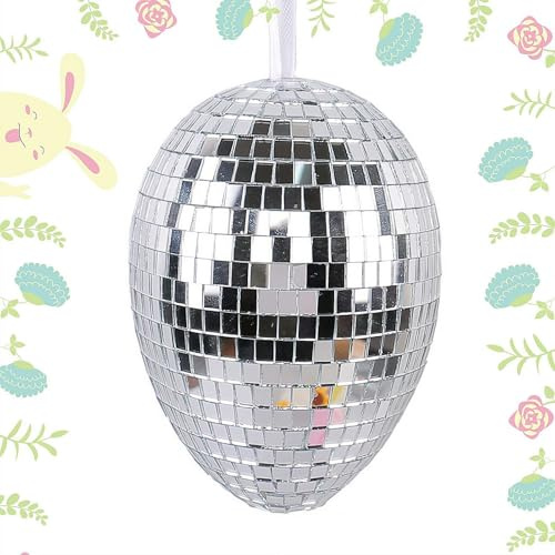Disco-Ostereier, groß, 14 cm, funkelnde Spiegeloberfläche, hängende Ornamente, reflektierende Discokugel Ornamente für Osterbaumdekoration, kleine silberne hängende Kugel (weiß)