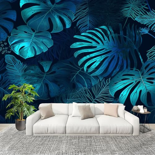 Papel Tapiz Fotográfico 250x175cm Tropical Hojas De Monstera 3D Murales Póster Moderna Fotomurales Azul Oscuro Para Cuarto de Niño Salón Dormitorio Oficina Decorar