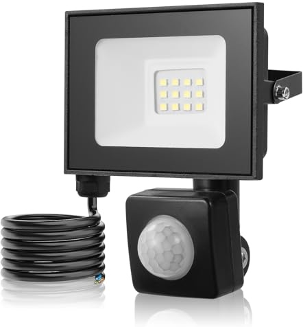 Keleef 10W LED Floodlights with Sensor, 1000 Lumen LED Security Lights Outdoor Motion Sensor, 6500K Cold White, IP66 Waterproof Outside Wall Light, Spot Lights for Garden Backyard Garage Hallway