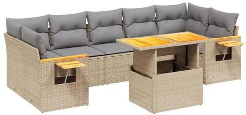 Foknhdi 8-TLG. Gartenlounge Beige 62 x 62 x 69 cm Poly-Rattan Sofa-Set mit Höhenverstellbarem Tisch aus Akazienholz Modular & platzsparend für Balkon Terrasse Garten
