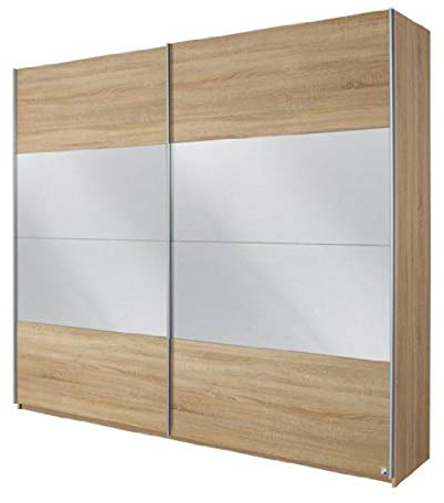 Rauch Möbel Quadra Kleiderschrank, Schwebetürenschrank, 2-türig, mit Spiegel, inkl. Zubehörpaket Basic 3 Einlegeböden 3 Kleiderstangen, Farbe Eiche Sonoma, BxHxT 271x210x62cm
