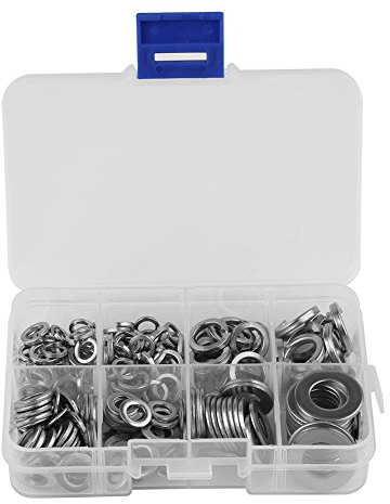 Walfront 200PCS Rondelles Plates en 304 Acier Inoxydable, Coffret de Rondelles, Rondelles Plates et à Ressort M5 M6 M8 M10 Rondelles Joints d'Assortiment Kit avec Boîte