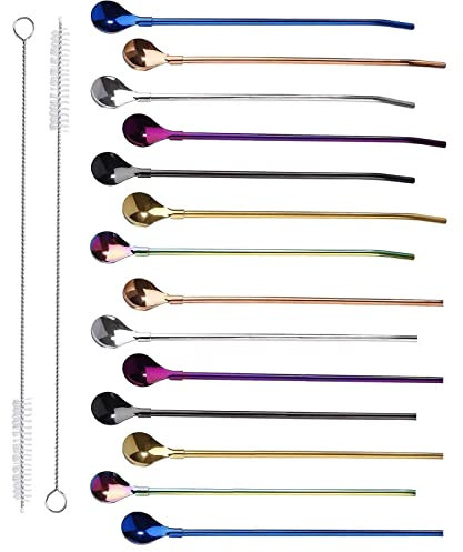 14pcs Edelstahl Trinkhalme LöFfel 2 In 1 Wiederverwendbare Strohhalme LöFfel TrinkhalmlöFfel LöFfel-Strohhalme 7 Farbig
