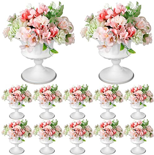 Gerrii 12 Pcs Vases for Centerpieces Metal Compote Vases Urn Planter Trumpet Flower Stand Small Pedestal Flowers for Wedding Table Reception Birthday Anniversary Ceremony Home Decor, 5.91 Inch(White)