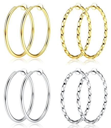 Kakonia 4 Pezzi Clip Per Orecchie Orecchini Da Donna Senza Fori Per Le Orecchie Grandi Orecchini A Cerchio Per Orecchie Non Perforate Orecchini Girl Silver Gold Hoop Orecchini Set Clip Orecchini