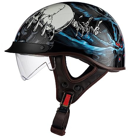 Halbschalenhelm Jethelm ECE-Zulassung Vintage Motorradhelm Baseball Cap Cruiser Scooter Helm Mit Built-In Visier Retro Motorrad Halbhelm Für Herren Damen Four Seasons 2,M