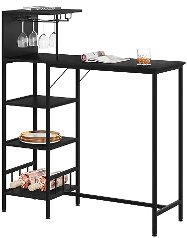 WOLTU Tavolo da Bar con 4 Ripiani, Tavolo Alto con 2 Portabicchieri, Mobile da Bar per Bistrot, Pub, Studio, Ufficio, Piano Nero e Telaio in Metallo Nero