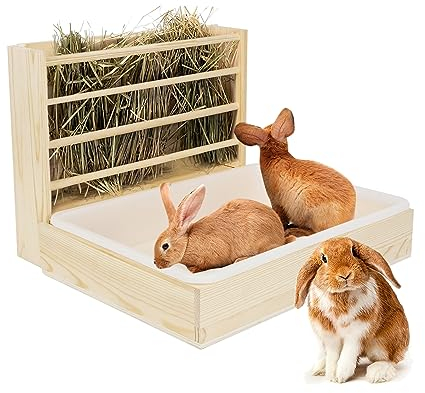 Multifunktionale große Heuraufe mit Toilette, Holztrog für Kaninchen, Heuraufe, komplett mit Tränke und Futternapf, geeignet für Kaninchen, Meerschweinchen, Hamster, Kleintiere (2-in-1)