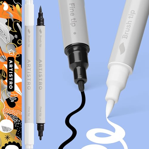 ARTISTRO Acrylic Paint Pens, Dual Tip, Acrylic Marker Pens for Fabric, Canvas, Rock, Glass, Wood, Paper, DIY, Kids and Adults 2 Black & White (Brush + Fine 1 mm)