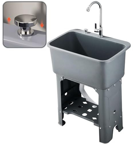 DSKJHI Lavandino da Esterno Autoportante, Lavatoio Lavanderia in Plastica con Magazzinaggio e Rubinetto, ASSE Lavapanni, Scarico Pulsante, Facile da Montare(Grigio,40x40x76.5cm/15x15x30)