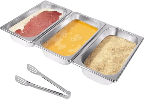 EXLECO Paneringsskålar i rostfritt stål, 3-delat set 32,5 x 17,5 x 6,5 cm GN-behållare 1/3 panieringstråg, rektangulär metallpanieringstråg, gastro-behållare för schnitzel, kött, fisk