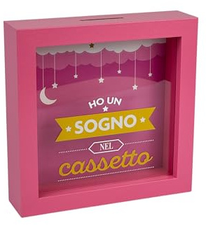 Salvadanaio Decorativo 'Ho Un Sogno Nel Cassetto', Rosa, 16x16 cm, con Design Luna e Stelle