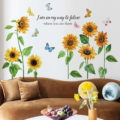 Fufuquare Sonnenblume Schriftzitate Sprüche Wandtattoo Schmetterling Blume Botanische Schub- und Aufklebe Wandaufkleber für Schlafzimmer und Wohnzimmer