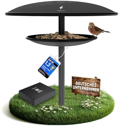 FEDERWELT Vogelhaus mit Ständer wetterfest, rostfrei aus Stahl [XXL 40cm Dach] 2in1 Vogelfutterhaus und Vogeltränke Winterfest | Vogelfutterspender für Vögel | Moderne Garten Deko | Anthrazit