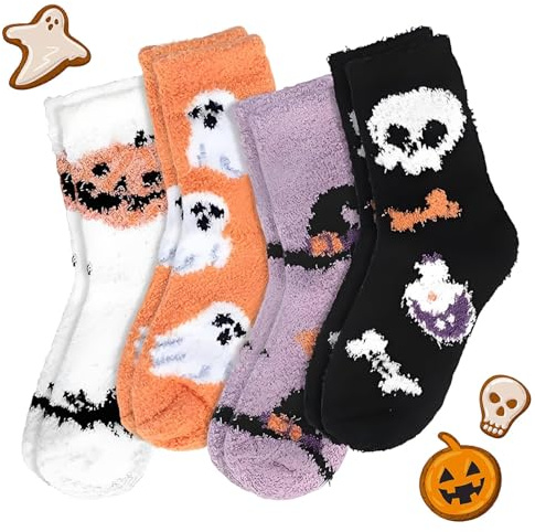 agogue 4 Paar Halloween Socken, Flauschige Socken, Hallow, Kuschelsocken, Warme für Mädchen 34-41 Damen Winter Warmes Schlafen Hallowe Dicke Damen
