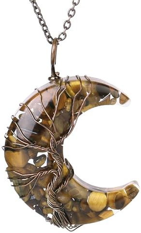 Générique Collier Pendentif Arbre De Vie Enroulé En Fil De Fer Reiki Pendentif Croissant De Lune Cristal Énergétique Bijoux Spirituels Fait Main En Gravier Naturel Collier En Pierre Précieuse