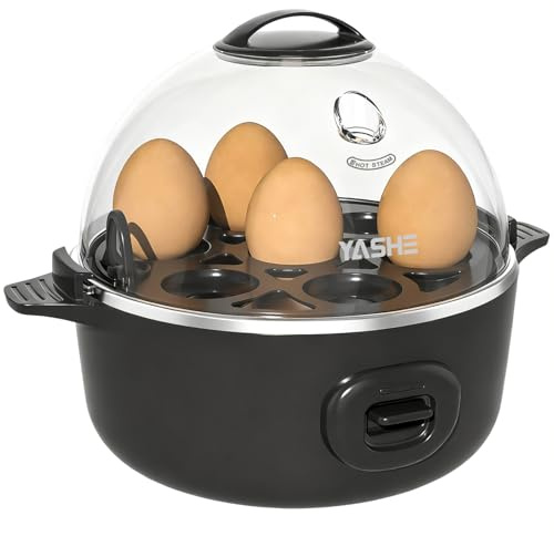 YASHE Rapid Egg Cooker, 7 Egg Capacity Electric Egg Boiler for Hard, Medium, Soft Boiled Eggs, Poacher, Poached Omelet Maker Egg with BPA Free Tray & Egg Bowl, Auto Shut Off, Musical Buzzer, Black