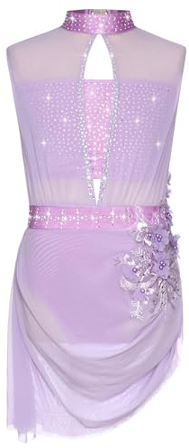 renvena Girls Shiny Rhinestone Figure Skating Dress Cutout Backless Ballet Lyrical Modern Dance Costume Lavender 9-10 Years