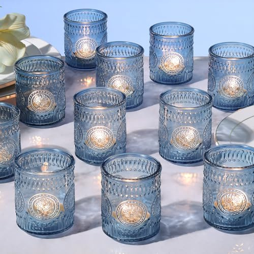 MATAHUM 24 Pcs Blue Votive Candle Holders, Glass Tealight Candle Holders for Wedding Table Centerpiece, Home Decor, Birdal Shower, Party