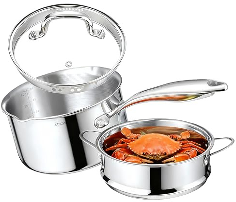 KANGXW 3QT Stainless Steel Saucepan with Steamer & Glass Lid, All Cooktops