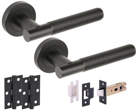 Hunta HANDLEZONE® Halo Ring Knurled Internal Door Handle Pack, Complete with Lever Handles, 76mm Latch, 75mm Ball Bearing Hinges - Black Matt