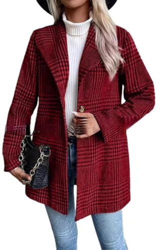 ORANDESIGNE Cappotto in Lana Scozzese Donna Autunnali Giacca Invernale Maniche Lunghe Elegante Blazer Lungo Risvolto B Rosso XS